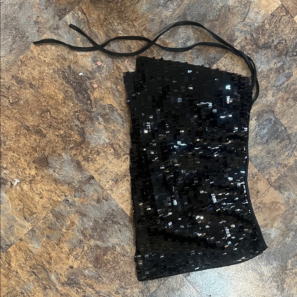 Fashion Nova Black Sequin Strapless Top with Tie